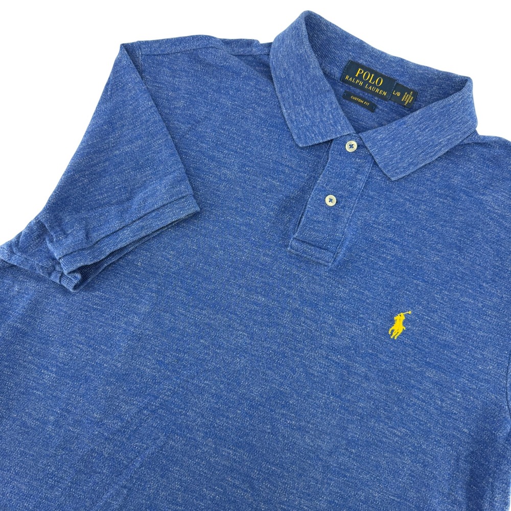 Polo Ralph Lauren Polo Shirt Mens Large L Blue Custom Fit Heathered Yellow Pony